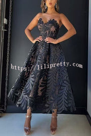 Elegant Openwork Lace Strapless Full-hem Midi Dress