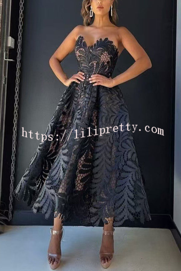 Elegant Openwork Lace Strapless Full-hem Midi Dress