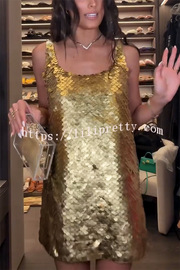 Golden Charm Impact Large Sequins Scoop Neck Tank A-line Mini Dress