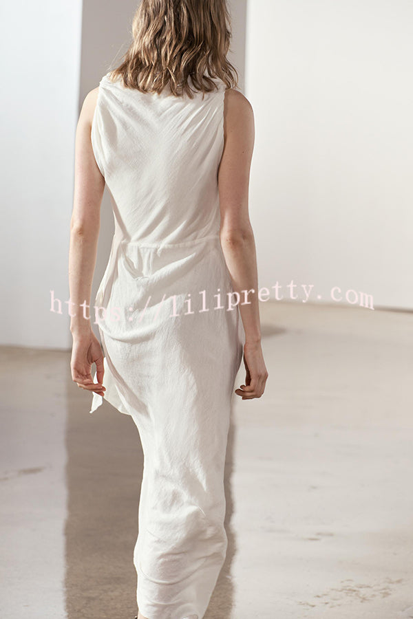 Lilipretty® Sculptural Effect Linen Blend Twisted Shoulder Strap Drape Maxi Dress