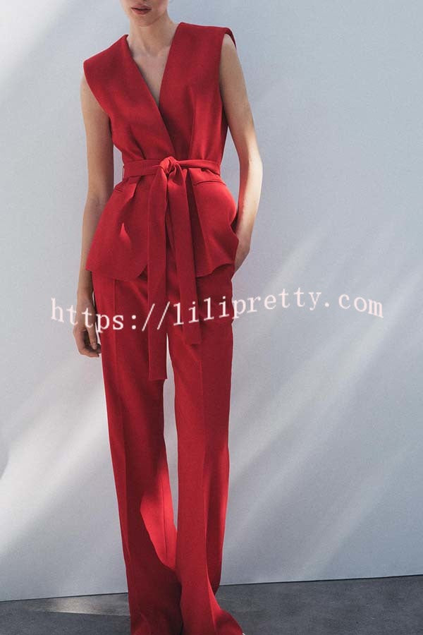 Keep It Classic V-neck Belted Vest and Mid Rise Pocket Wide Leg Pants Set