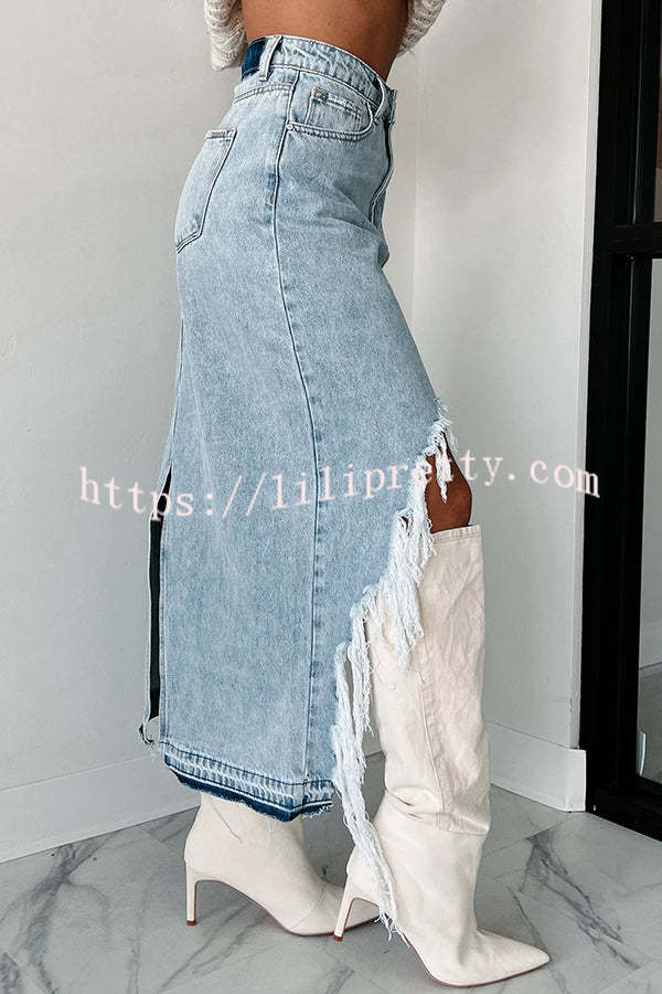 Darla Cutting Ties Heavily Distressed Denim Maxi Skirt