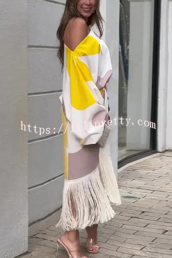 Unique Printed Balloon Sleeve Loose Top and Fringed Hem Skirt Set