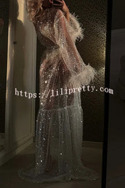 Fashionable Sequined Feather Long-sleeved Vacation Loose Extra-long Sun Protection Cover-up