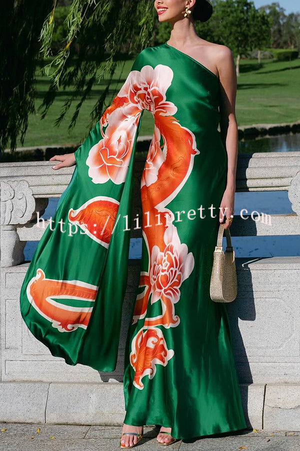 Elegance and Grace Satin Dragon Print One Shoulder Drape Sleeve Maxi Dress