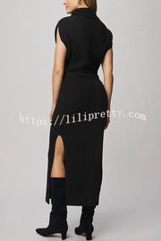 Solid Color Sleeveless Knitted Elegant Waist Midi Dress