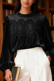 Fashionable Velvet and Lace Patchwork Loose Long-sleeved Top