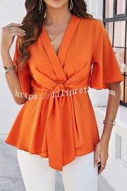 Solid Color Elegant Short Sleeve Strappy Tunic Top