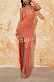 Solid Color Sexy Open Back High Slit Knitted Cover-up Maxi Dress