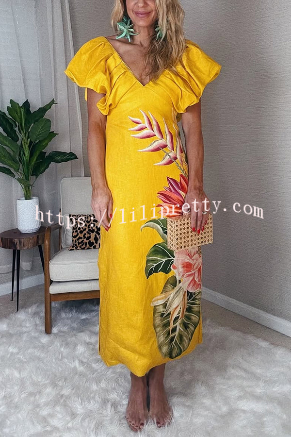 Plant Print V-neck Open Back Holiday Style Slit Midi Dress
