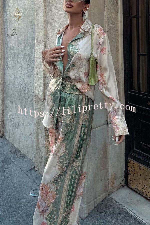 Antibes Satin Court Unique Printed Long Sleeve Loose Shirt and Elastic Waist Pants Set