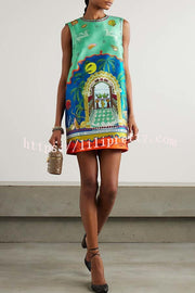 Natural Beauty Satin Unique Print Sleeveless H-line Mini Dress