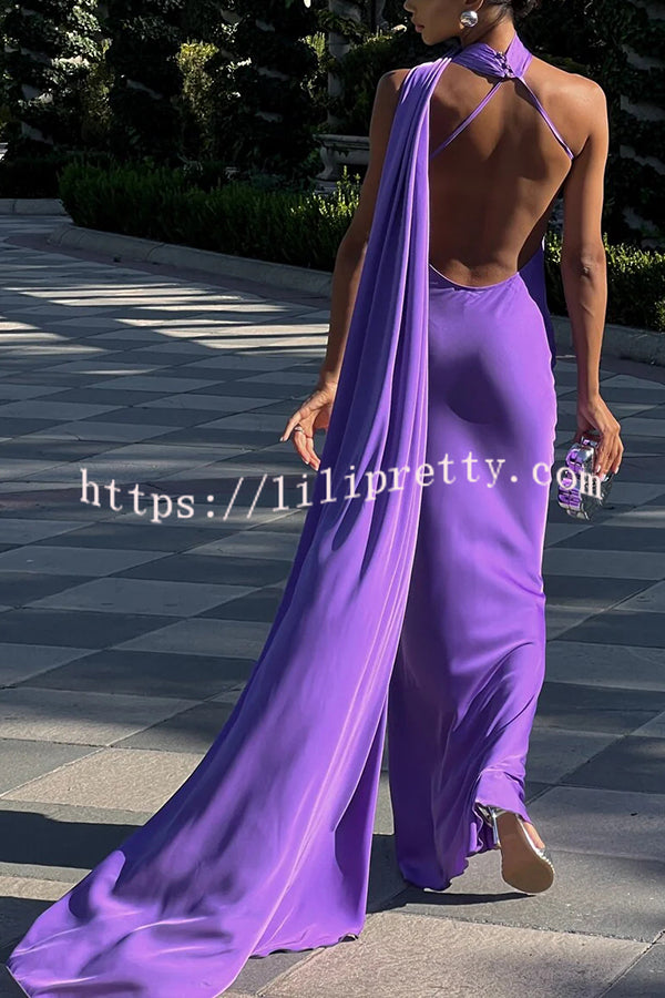Crush on You Satin One Shoulder Backless Cape Maxi Dress