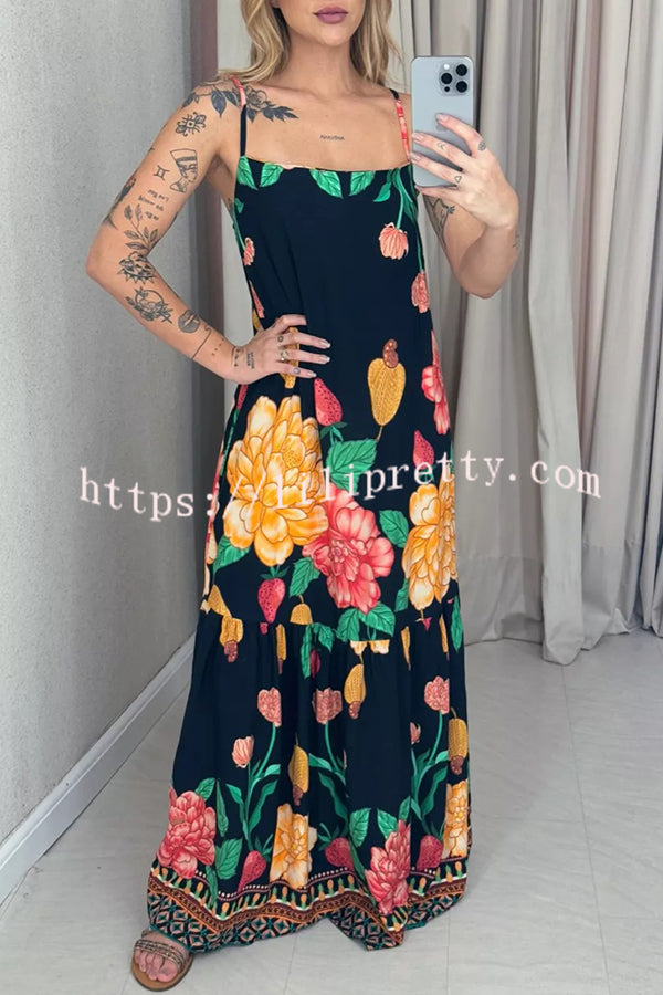 Floral Print Halter Back Loose Pocket Full Hem Maxi Dress