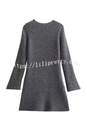 Beautiful Basic Ribbed Knit Long Slit Sleeve Flare Stretch Dress