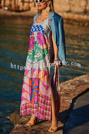 Lilipretty Vacation Forever Satin Funny Holiday Print Cami Slit Maxi Dress