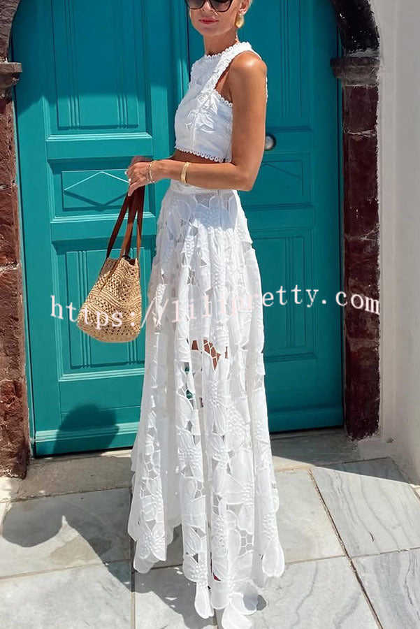 Next Trip Floral Embroidery Crochet Lace Elastic Waist Pocket Maxi Skirt