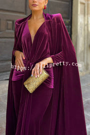 Olivienne Luxurious Velvet Padded Shoulders Slit Sleeve Lapel Midi Cape