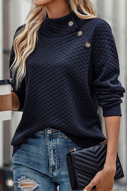 Solid Color Plaid Turtleneck Button Casual Sweatshirt