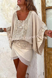 Mylie Linen Blend Ethnic Print Wrap Tie Layered Mini Skirt