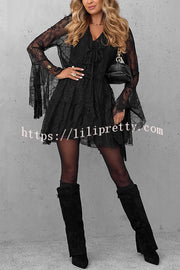 Feeling Lighthearted Lace Ruffle Neck Bell Sleeve Layered Hem A-line Mini Dress