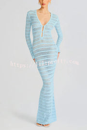 Solid Color Knit Hollow Long Sleeve Vacation Cover Up Maxi Dress