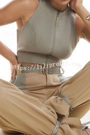 Street Wear Front Zipper Backless Tank and Color Block Belted Pocket Pants Set