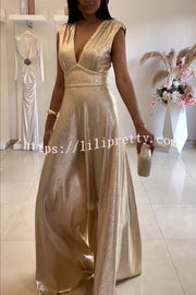 Roisin Metallic Fabric Ruched Shoulder V-neck Wide Leg Drape Jumpsuit