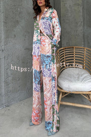 Unique Ethnic Print Long-sleeved Shirt and Elastic Waist Pants Set