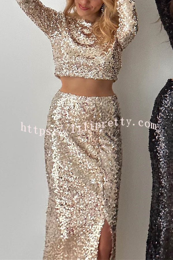 Solid Sequined Long-sleeved Crop Top and Sexy Slit Midi Skirt Set