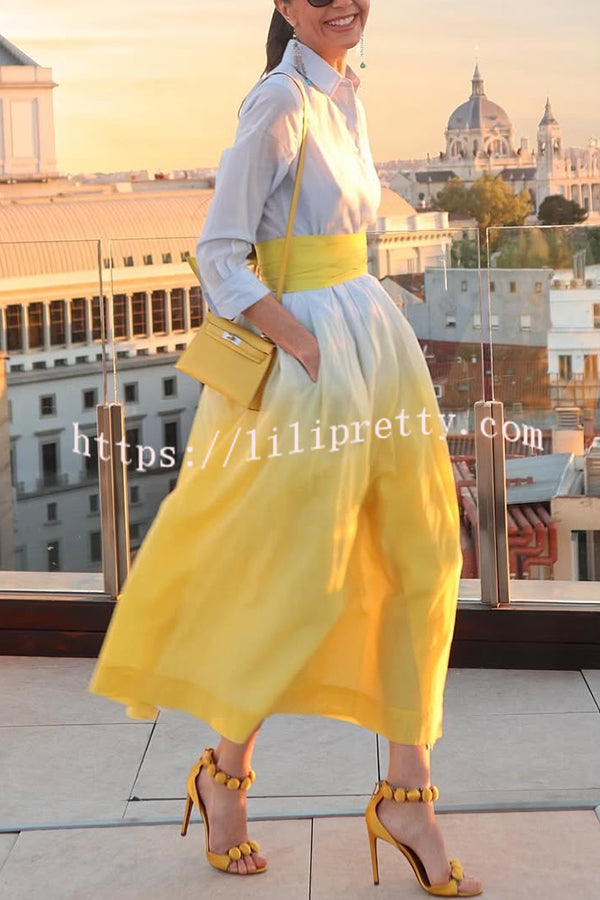 Fashionable Gradient Lapel Long Sleeve Waist Tie Casual Midi Dress