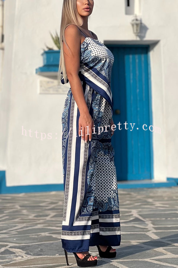 Unique Printed Sling Backless Strappy Top and Elastic Waisted Loose Pants Set