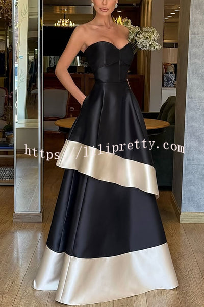 Vivian Satin Contrast Color Sweetheart Bandeau Neck Pocket Layered Maxi Dress