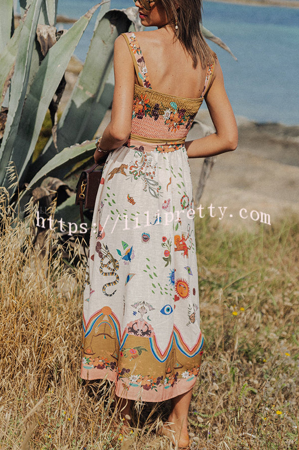 Summer Vibes Linen Blend Unique Print Smocked Belt Midi Dress