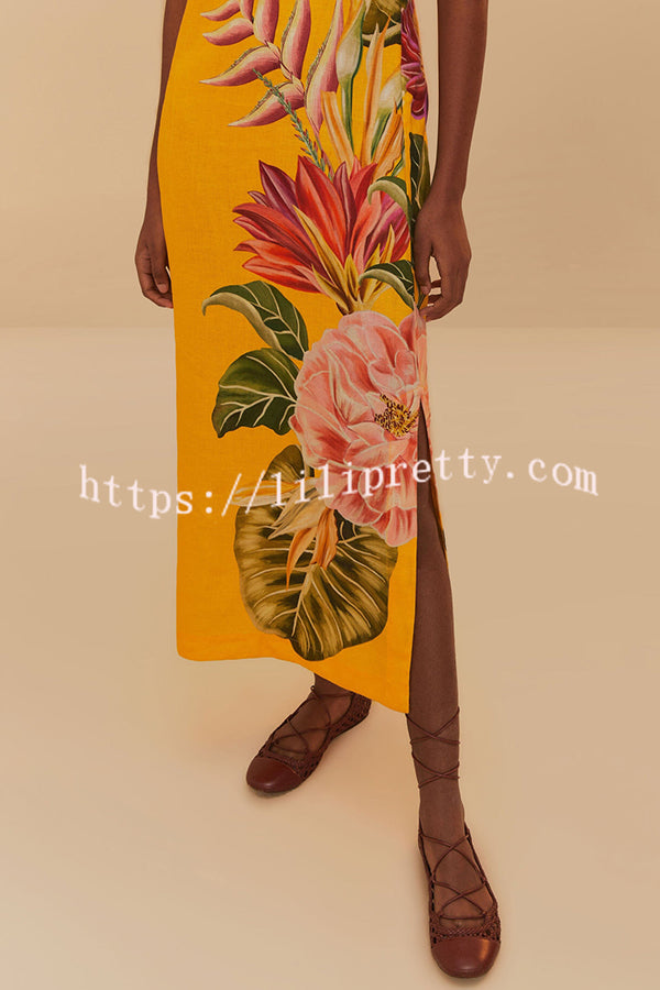 Plant Print V-neck Open Back Holiday Style Slit Midi Dress