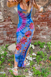 Lilipretty Tuscan Vibes Tie-dye Print Back Lace-up Slit Stretch Maxi Dress