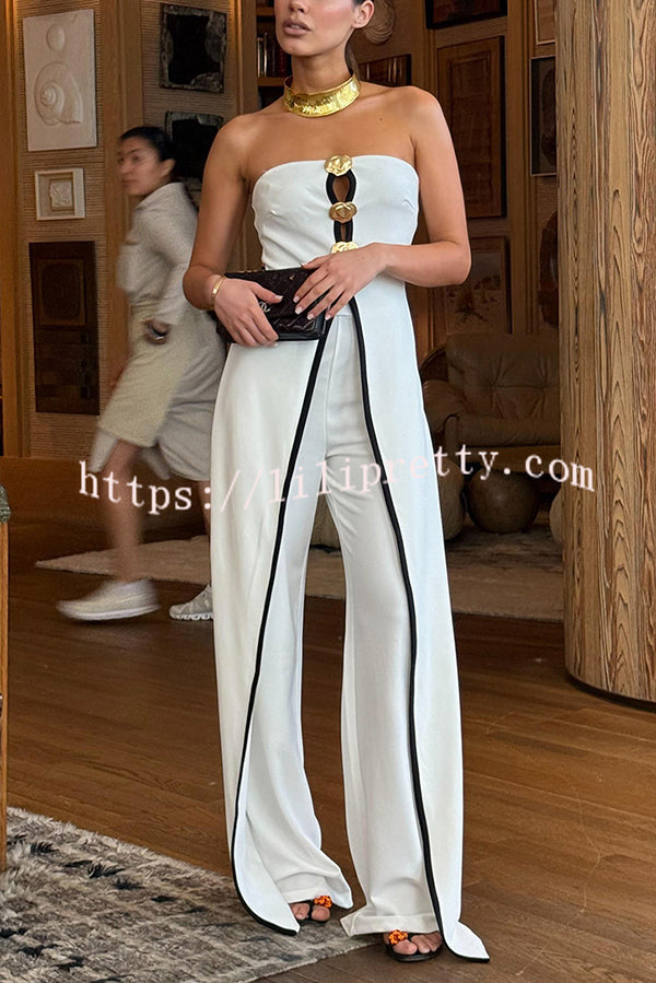 Fashionable Contrast Color Off-shoulder Metal Decoration Casual Elegant Jumpsuit