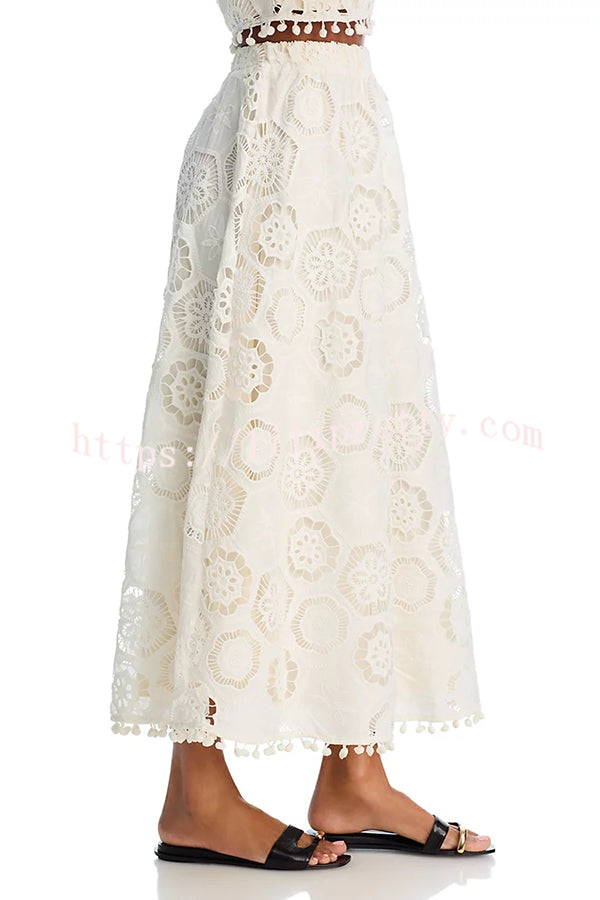 Nice Try Embroidered Crochet Lace Tassle Trim Elastic Waist Midi Skirt