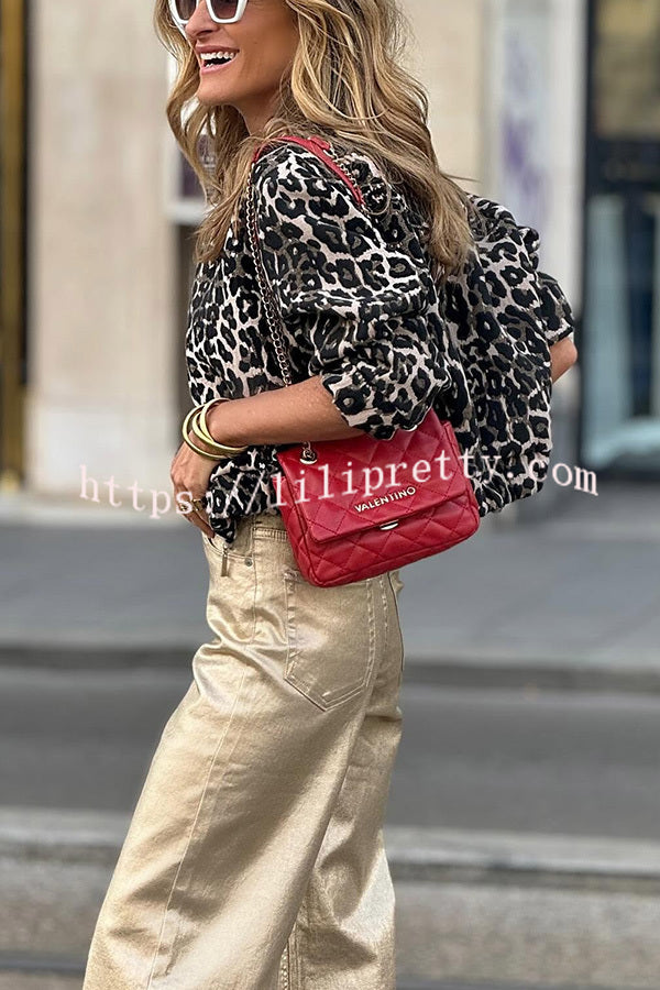 Fashionable Lifestyle Leopard Print Long Sleeve Pocket Bomber Jacket