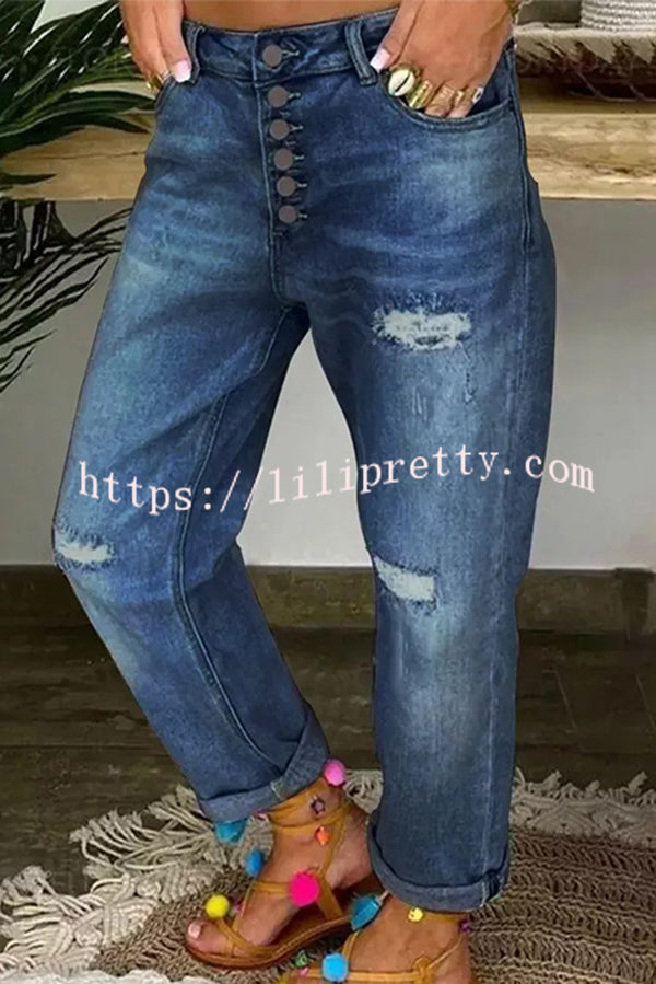 Stylish Ripped Low-rise Button Pocket Baggy Straight-leg Jeans