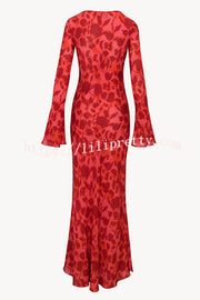 Gia Unique Print Boat Neck Long Bell Sleeve Bias Cut Maxi Dress