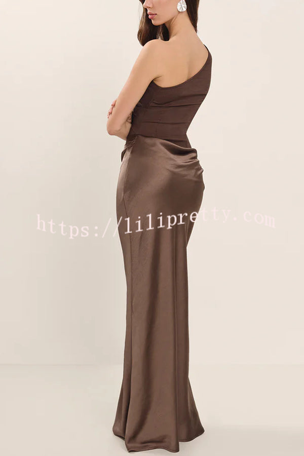 Kaia Satin Contrast Fabric Patchwork One Shoulder Ruched Maxi Dress