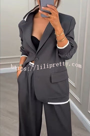 Fashion Sports Style Ribbed Colorblock Lapel Blazer and Elastic Waist Pocket Loose Pants Set
