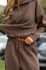 Solid Color Long-sleeved Zip-up Sweatshirt and Elastic Waist Loose Pocket Pants Set