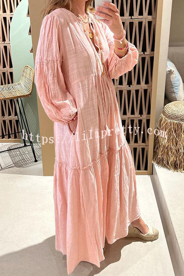 Simple V Neck Lace Up Pleated Maxi Dress