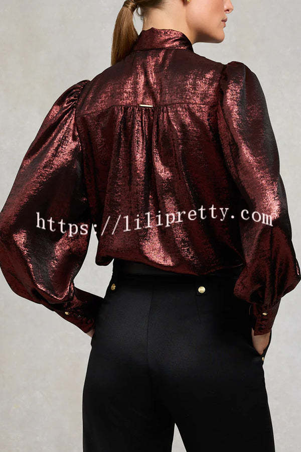 Ariella Metallic Satin Fabric Tie-up Bow Neck Long Sleeve Blouse