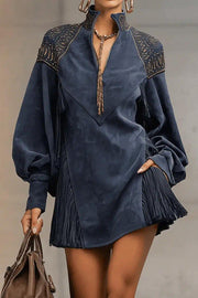 Stylish Suede V-neck Long-sleeved Tassel Loose Mini Dress