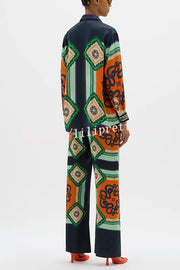 Vacation Times Satin Unique Print Elastic Waist Pocketed Wide Leg Pants