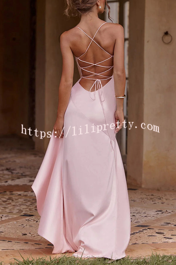 Samira Satin Back Lace-up Ruffles High Low Slit Maxi Dress