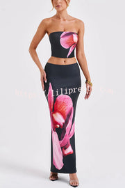 Lilipretty® Allegra Abstract Floral Print Stretch Strapless Tank and Elastic Waist Maxi Skirt Set